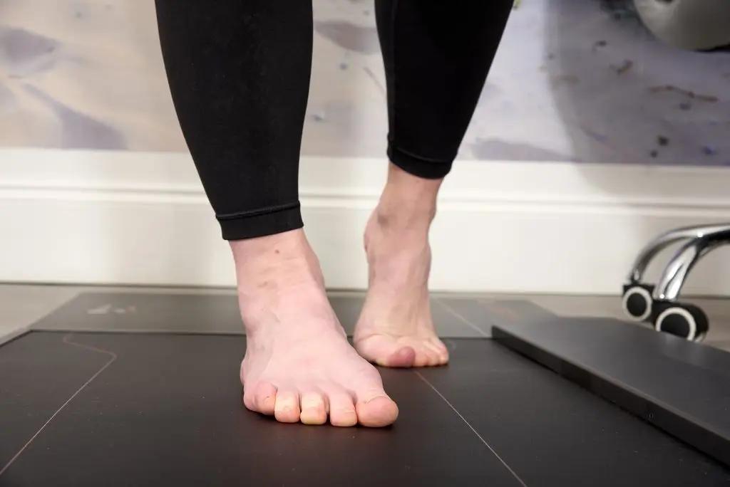 Close-up of a digital pressure-mapping mat used during gait assessment