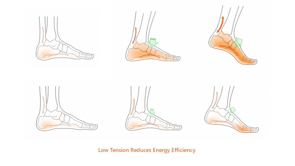 Comparison showing how reduced tension within the plantar fascia and medial foot decreases energy storage, energy return and mechanical efficiency during propulsion.