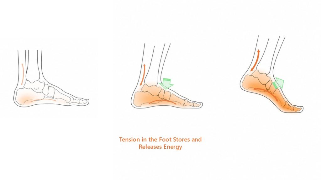 Illustration showing increasing tension within the plantar fascia and medial foot, demonstrating how elastic tissues store and return mechanical energy during walking.